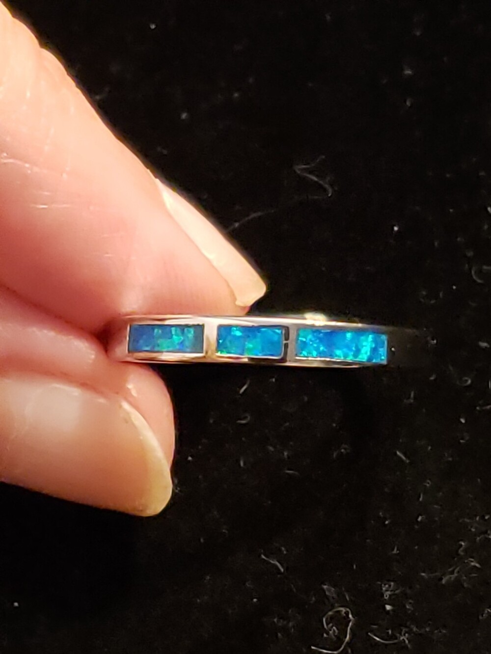 NEW Opal 925 Silver Stamped, Minimalist, Inset Blue Green Opal Band Fashion Ring